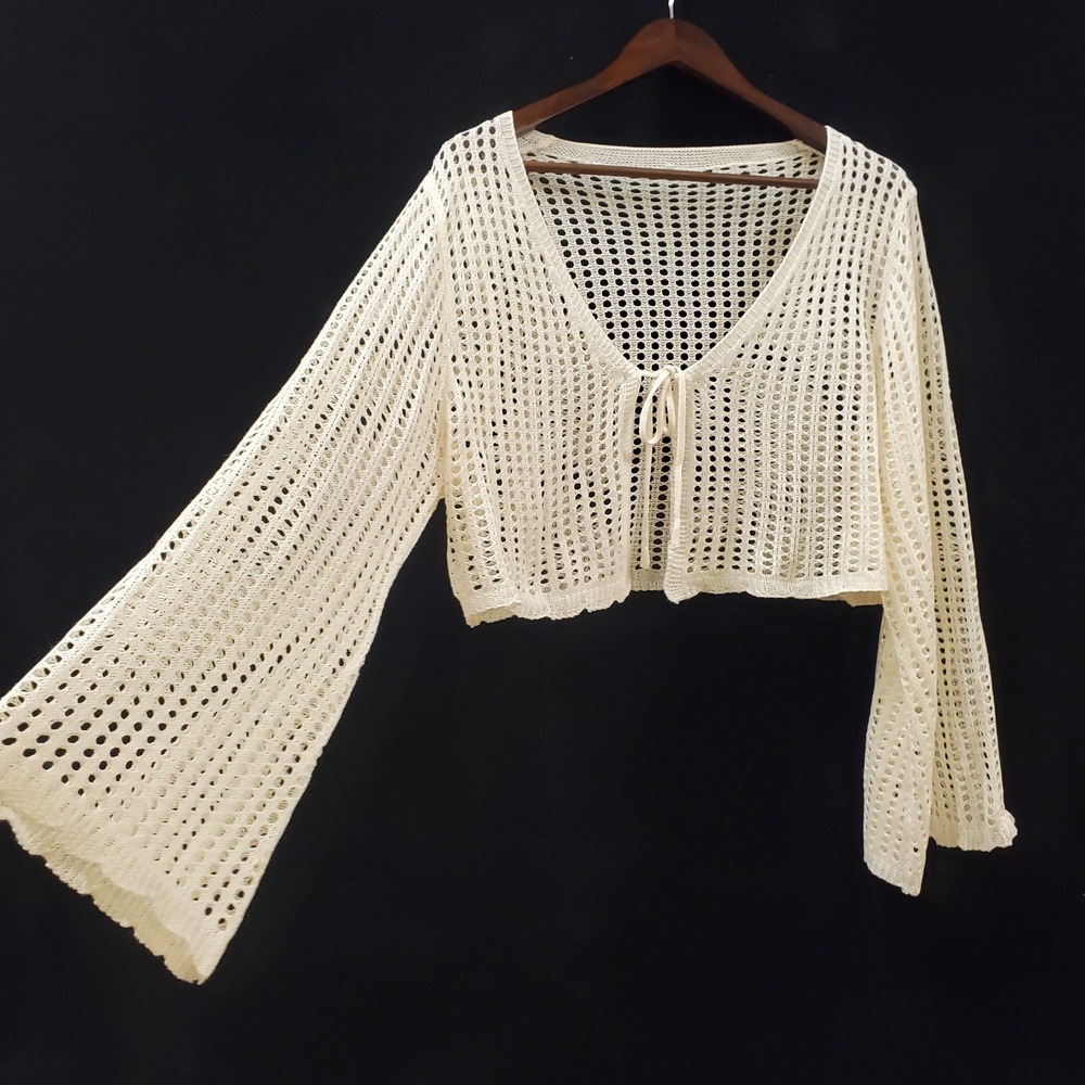 Open Crochet Flare Sleeve Tie Front Festival Beachy Bohemian Top Size 1X Cream